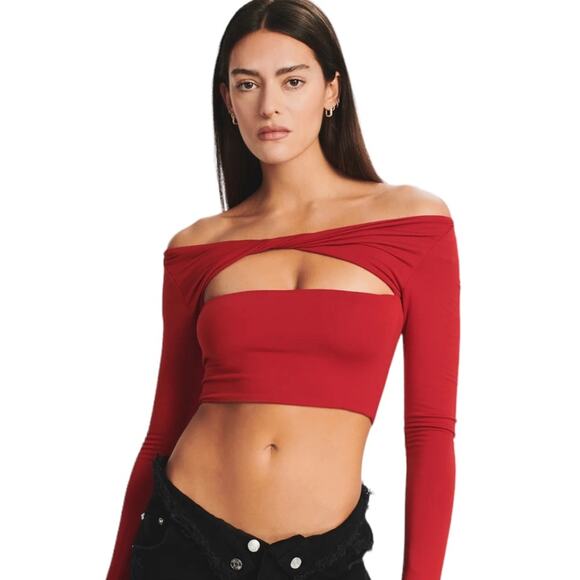NWT SER•O•YA Red Cropped Ellis Top Long Sleeves Peek a Boo Cutout Detail Size XS - Picture 1 of 11